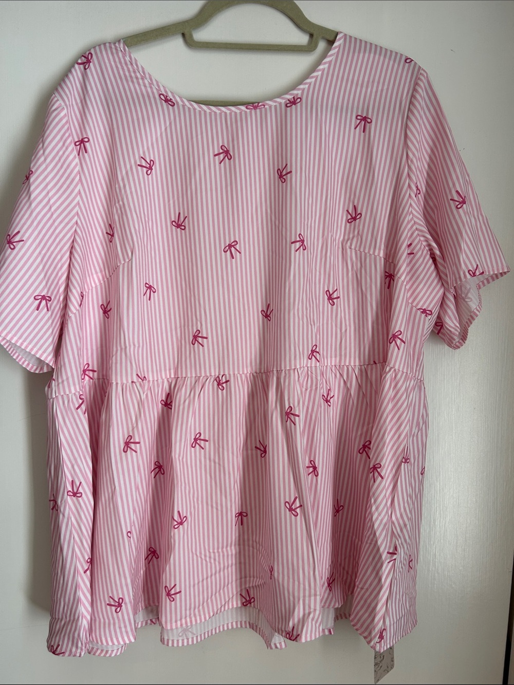 Pink Striped Babydoll Top with Bow Print